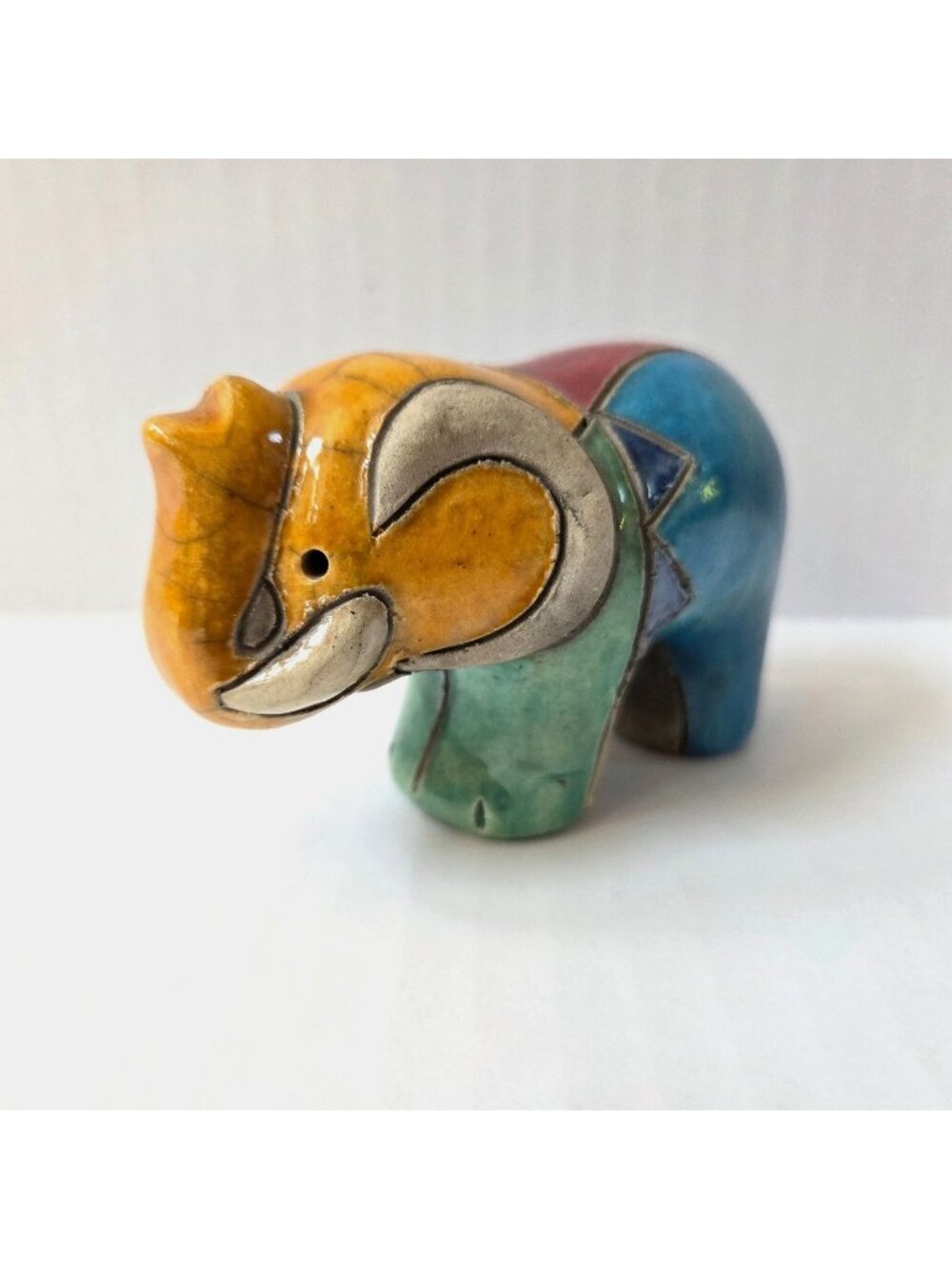 South African Raku Pottery Elephant Figurine Handmade Ceramic Colorful Sculpture